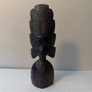 Vintage Hand-Carved African Ebony Wood Bust - Tribal Woman with Headdress